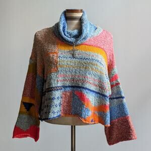 Chunky Knit Oversize Striped Turtleneck Sweater Cropped Kawaii Boho Cute Medium